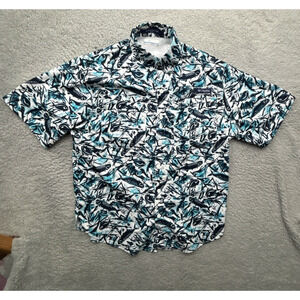 Columbia Shirt Mens S Blue Fish Print Super Tamiami Button Down Vented Fish